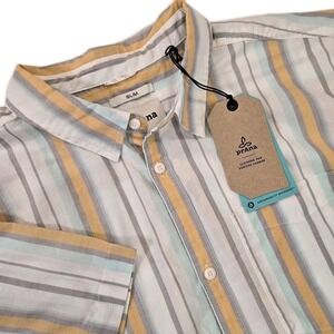 Prana Groveland Short Sleeve Button Up Shirt Slim Fit Birch Stripe Men's XXL NWT